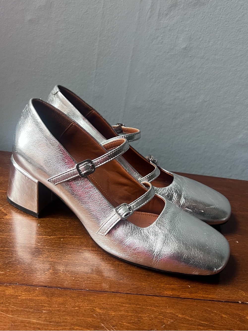 Vagabond Metallic Silver Dual-Strap Mary Jane Block Heels